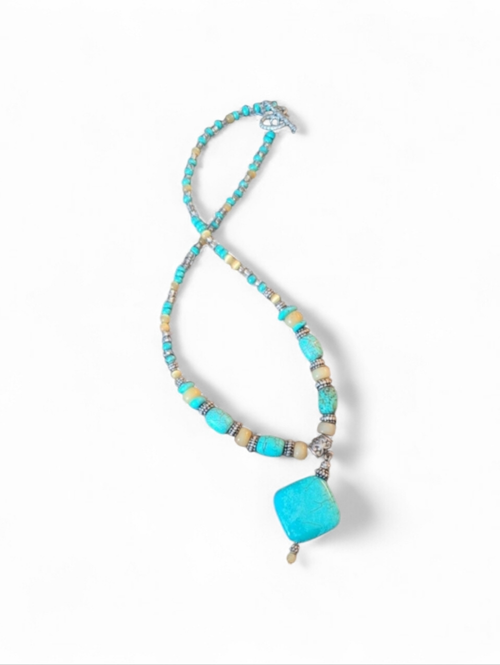 Turquoise Beaded Necklace with Square Pendant & Toggle Clasp